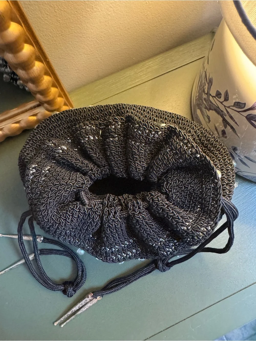 Vintage Women's Black Beaded Drawstring Pouch Bag